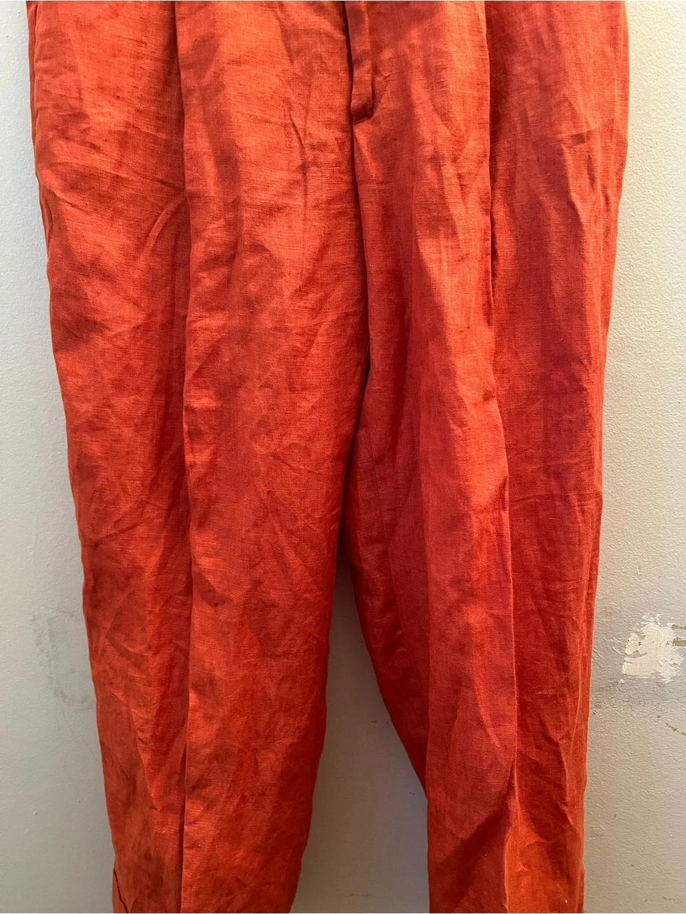 INSERCH Mens Vintage 100% Linen Pants Size 32 Burnt Orange Cuffs Pockets Pleats